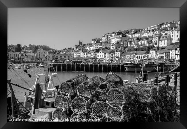 Brixham Harbour with Crab Pots in Monochrome Framed Print by Paul F Prestidge