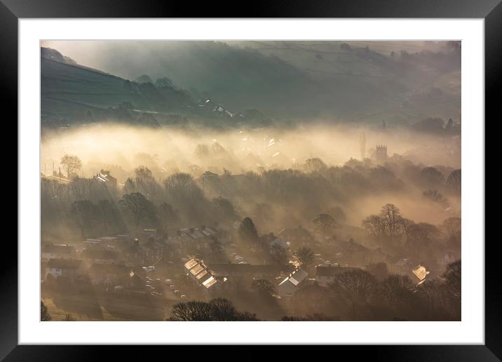 Hayfield misty sunrise, Derbyshire, England.  Framed Mounted Print by John Finney