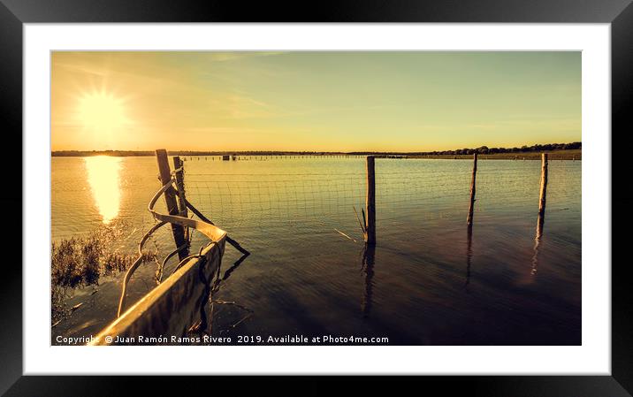Wooden post inside the lake with reflections of su Framed Mounted Print by Juan Ramón Ramos Rivero