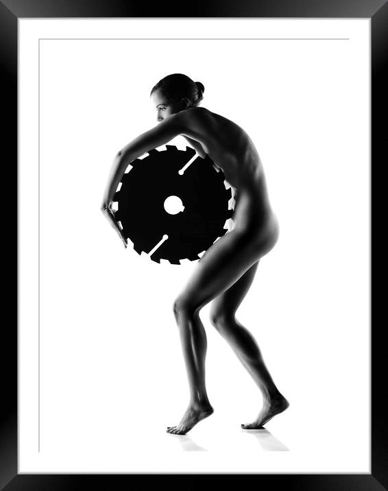 Nude woman with saw blade 1 Framed Mounted Print by Johan Swanepoel