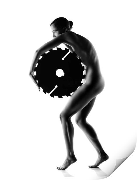 Nude woman with saw blade 1 Print by Johan Swanepoel