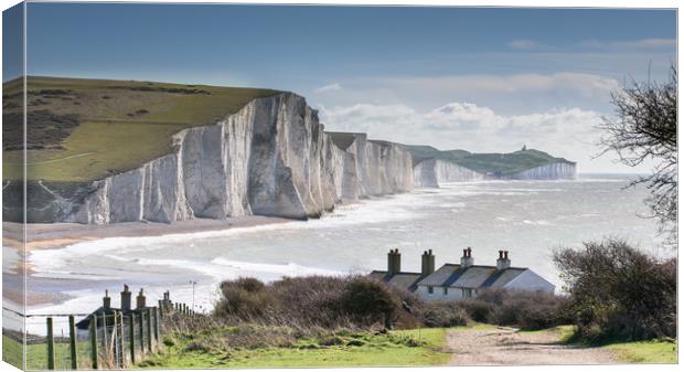 Seven Sisters and Coastguard Cottages at Cuckmere  Canvas Print by Nick Rowland