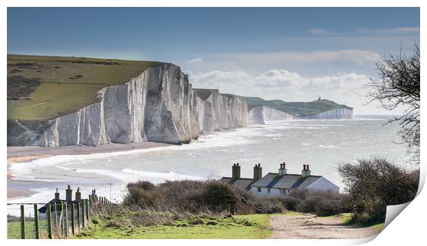 Seven Sisters and Coastguard Cottages at Cuckmere  Print by Nick Rowland