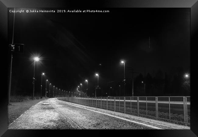 Railroad Station By Night Framed Print by Jukka Heinovirta