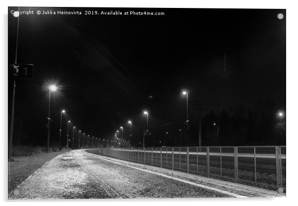 Railroad Station By Night Acrylic by Jukka Heinovirta