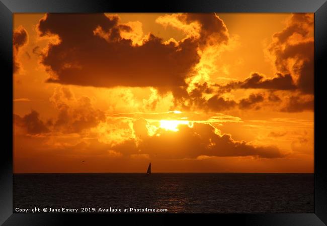 Sailing Home at Sunset - Barbados Framed Print by Jane Emery