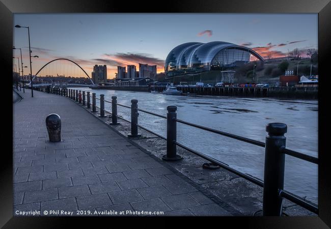 Newcastle quayside at sunrise Framed Print by Phil Reay