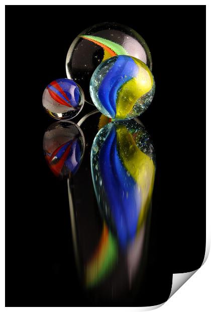 Three colourfull marbles reflecting Print by Tony Claes