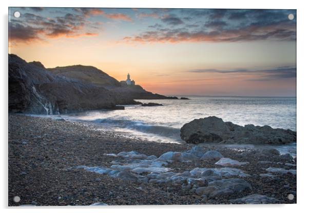 Mumbles lighthouse at sunrise. Acrylic by Bryn Morgan