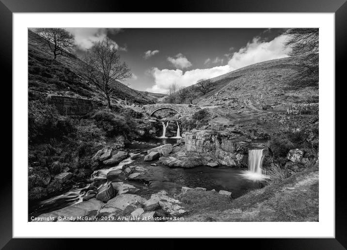 Three Shires Head Waterfalls Black and White Framed Mounted Print by Andy McGarry