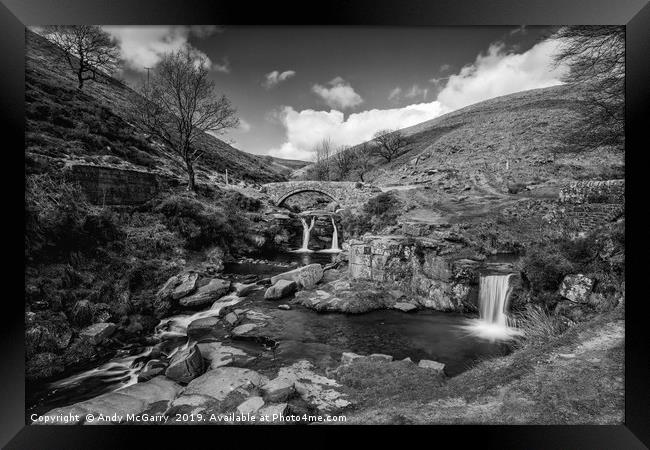 Three Shires Head Waterfalls Black and White Framed Print by Andy McGarry