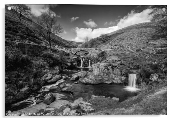 Three Shires Head Waterfalls Black and White Acrylic by Andy McGarry