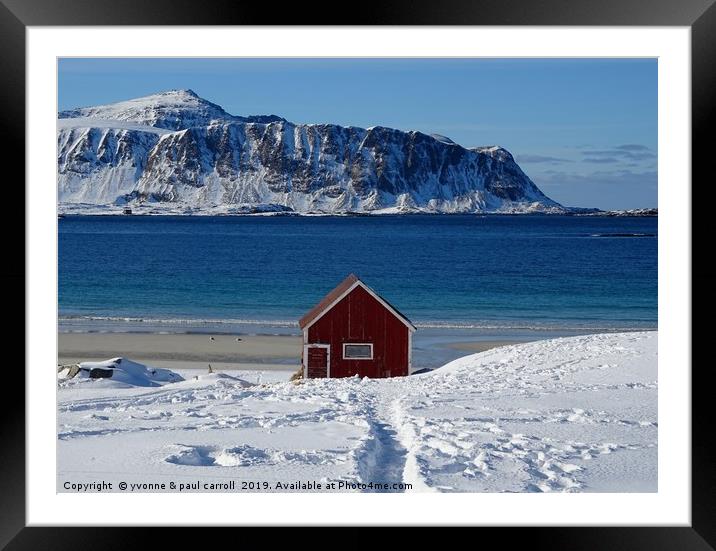 Red hut on the beach at Ramsberg Beach, Lofoten  Framed Mounted Print by yvonne & paul carroll