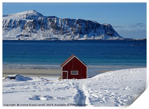 Red hut on the beach at Ramsberg Beach, Lofoten  Print by yvonne & paul carroll