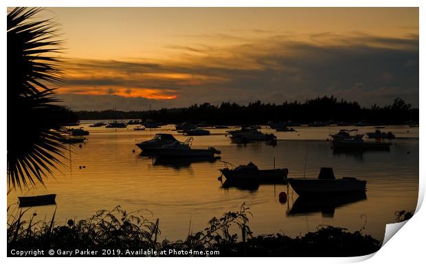 Silhouetted Boats in a Natural Harbour at Sunset Print by Gary Parker