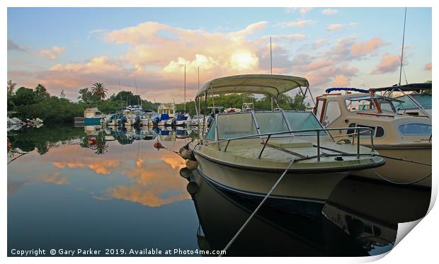 Boats moored in a natural harbour Print by Gary Parker