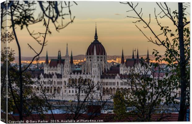 Budapest Parliament, Hungary, setting sun Canvas Print by Gary Parker