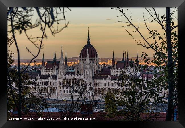 Budapest Parliament, Hungary, setting sun Framed Print by Gary Parker