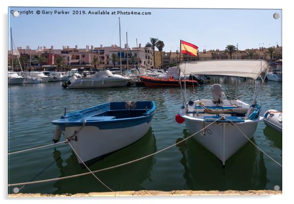 Small fishing boats moored in a Spanish harbour Acrylic by Gary Parker