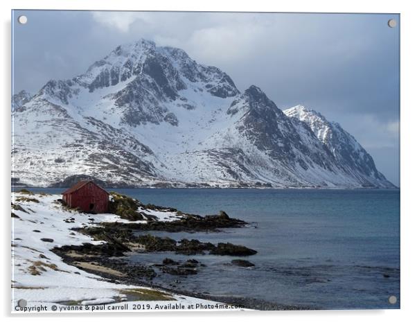 Fisherman's cabin in the snow on the fjord Lofoten Acrylic by yvonne & paul carroll