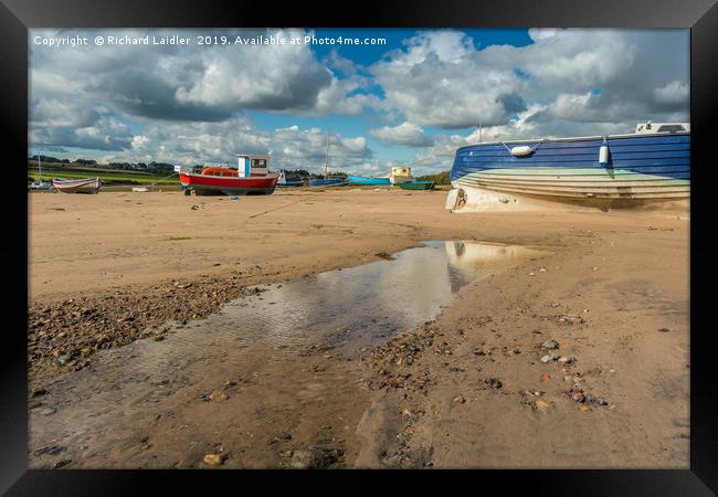Boats Moored in Alnmouth Harbour at Low Tide Framed Print by Richard Laidler