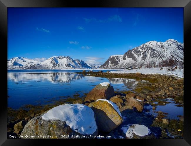 Snowy boulders at the edge of the fjord, Lofoten  Framed Print by yvonne & paul carroll