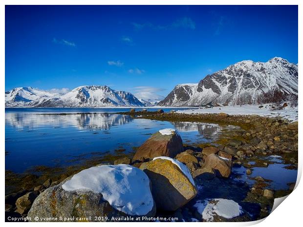 Snowy boulders at the edge of the fjord, Lofoten  Print by yvonne & paul carroll