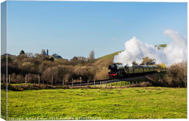 Flying Scotsman With the Iconic Corfe Castle in th Canvas Print by Paul Brewer
