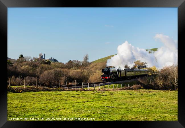 Flying Scotsman With the Iconic Corfe Castle in th Framed Print by Paul Brewer