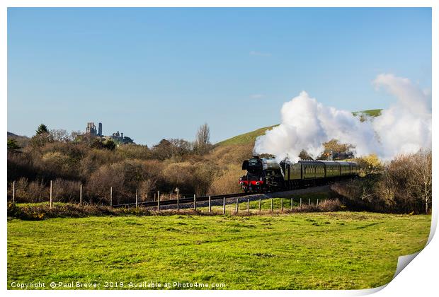 Flying Scotsman With the Iconic Corfe Castle in th Print by Paul Brewer