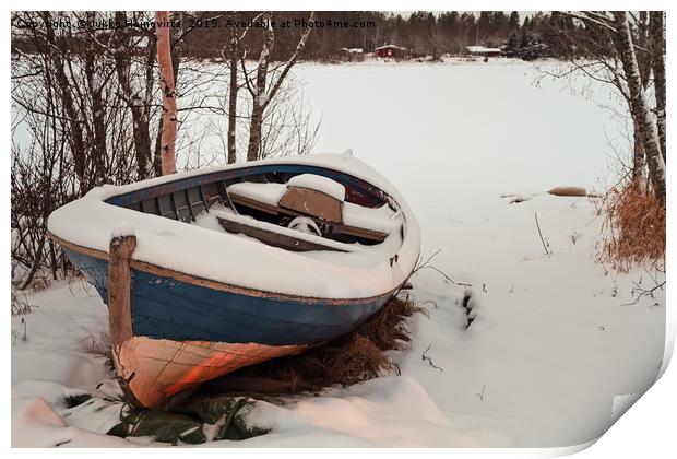Old Fishing Boat Covered With Snow Print by Jukka Heinovirta