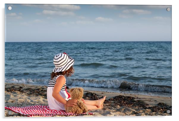 little girl with teddy bear sitting on beach Acrylic by goce risteski