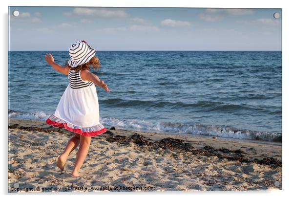happy little girl running on beach Acrylic by goce risteski