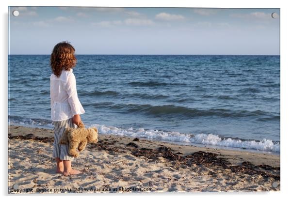 little girl with teddy bear standing on beach and  Acrylic by goce risteski