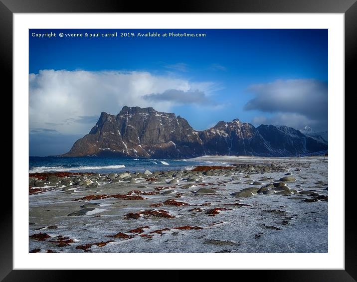 Lofoten winters - jagged cliffs, snow on the beach Framed Mounted Print by yvonne & paul carroll