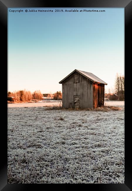 Tiny Barn House On The Frosty Fields Framed Print by Jukka Heinovirta