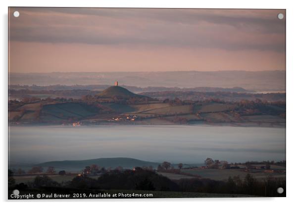 Glastonbury Tor at Sunrise surrounded by mist  Acrylic by Paul Brewer