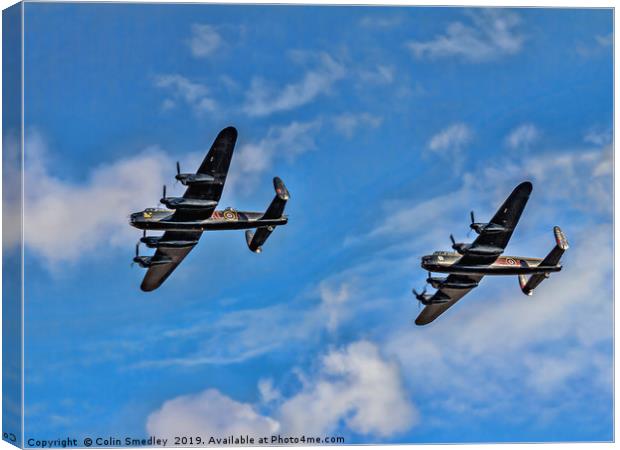Lancasters PA474 & FM213 in line astern Canvas Print by Colin Smedley