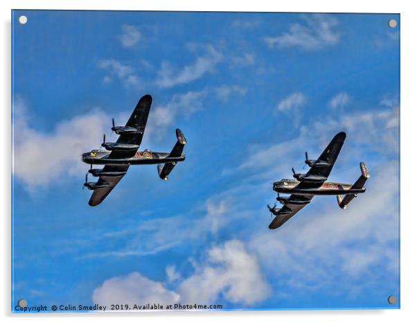 Lancasters PA474 & FM213 in line astern Acrylic by Colin Smedley