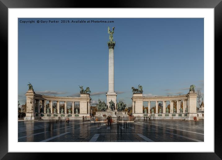 Hero's Square, Budapest, Hungary, on a bright, sun Framed Mounted Print by Gary Parker