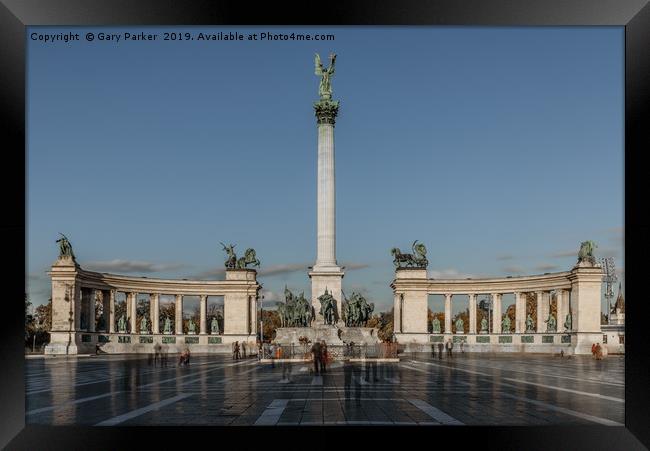 Hero's Square, Budapest, Hungary, on a bright, sun Framed Print by Gary Parker