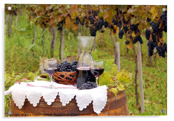 red wine and grape on wooden barrel Acrylic by goce risteski