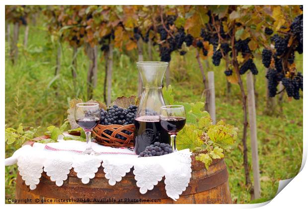 red wine and grape on wooden barrel Print by goce risteski