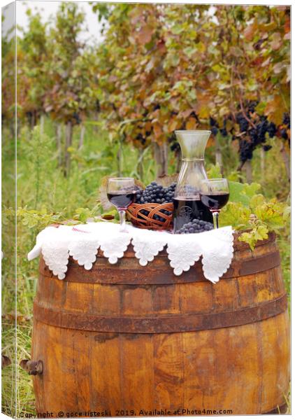 red wine and grape on barrel Canvas Print by goce risteski