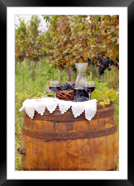 red wine and grape on barrel Framed Mounted Print by goce risteski