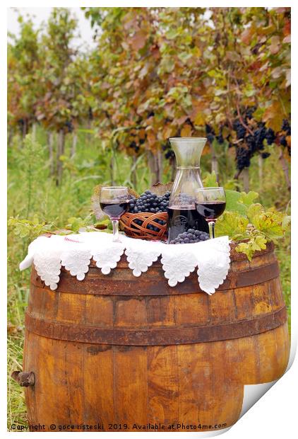 red wine and grape on barrel Print by goce risteski