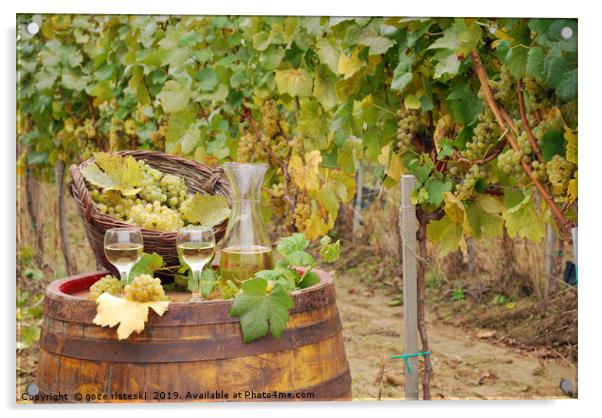 white wine and grape on barrel in vineyard Acrylic by goce risteski