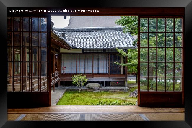 The view from inside a typical Zen temple in Japan Framed Print by Gary Parker