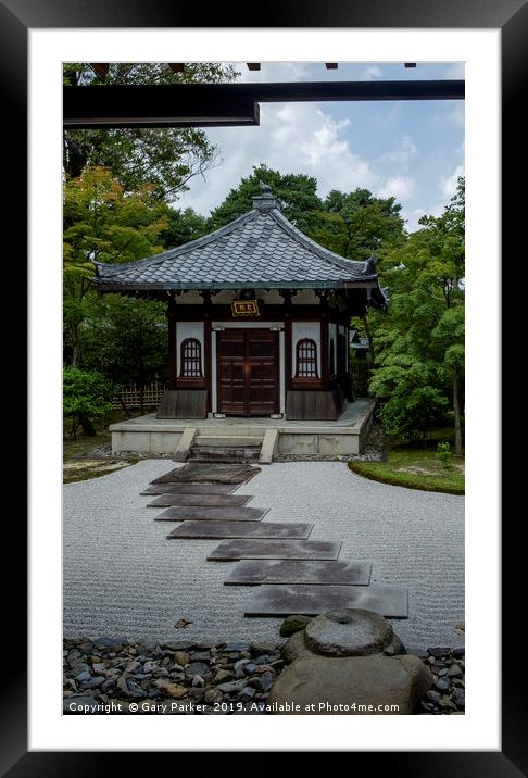 A traditional building in a Japanese Zen Garden.  Framed Mounted Print by Gary Parker