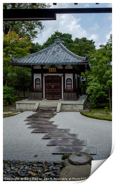 A traditional building in a Japanese Zen Garden.  Print by Gary Parker